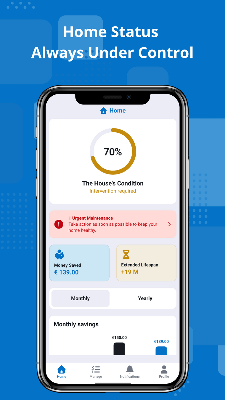 HoMe Home Status screen showing a 70% house condition score, one urgent maintenance alert, €139 saved, and 19 extra months of lifespan