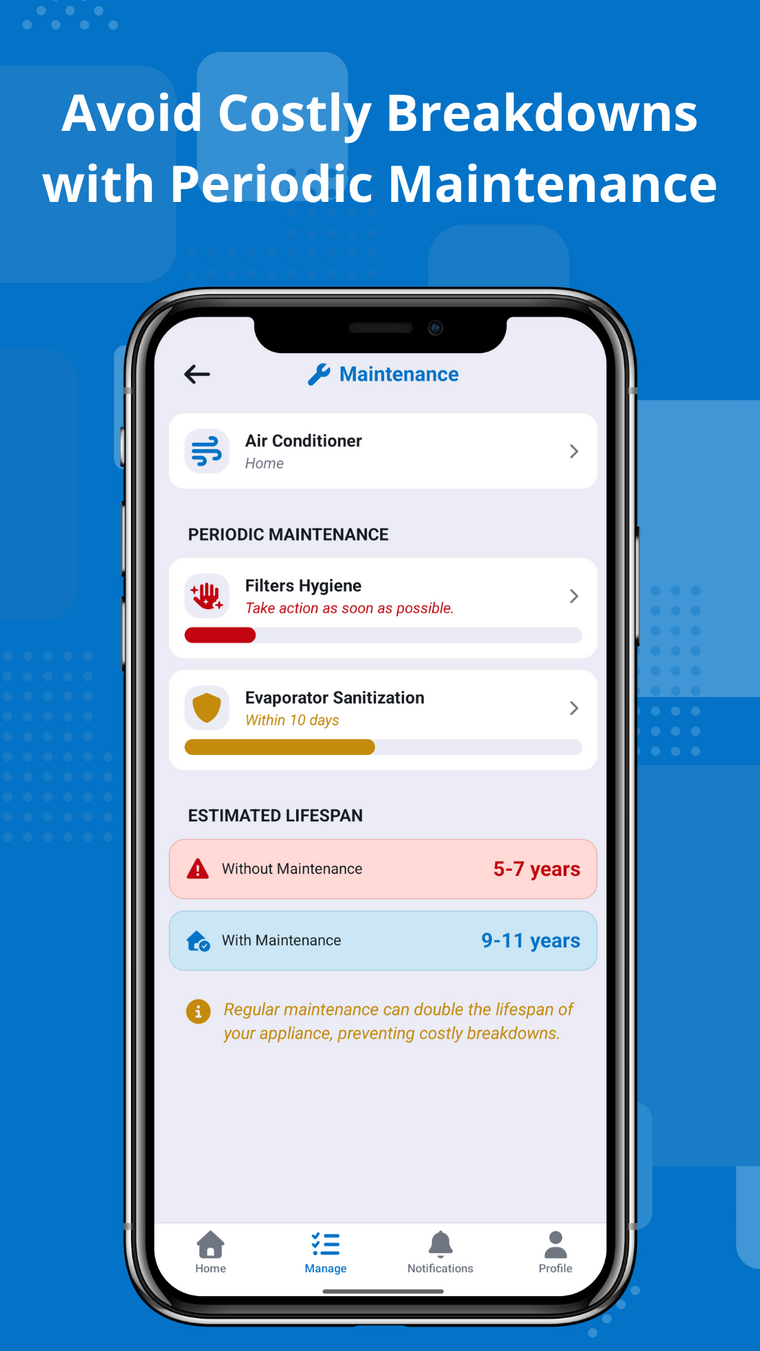 HoMe maintenance screen showing an air conditioner's estimated lifespan of 5 to 7 years without maintenance versus 9 to 11 years with regular maintenance