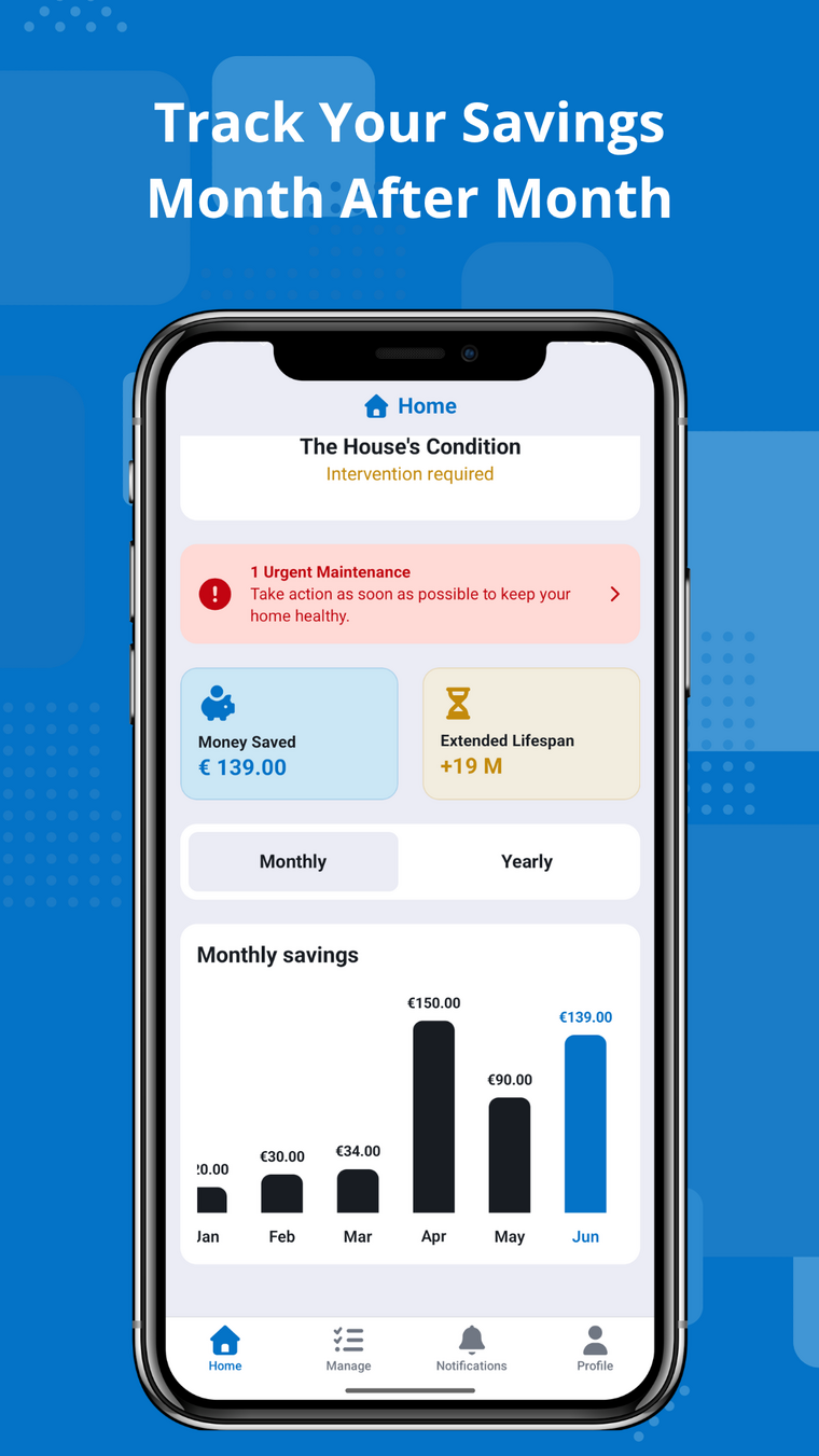 HoMe Home screen showing a monthly savings bar chart from January to June, with €139 saved in June